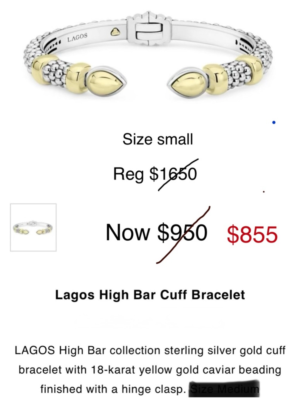 LAGOS Silver and Gold High Bar Cuff Bracelet